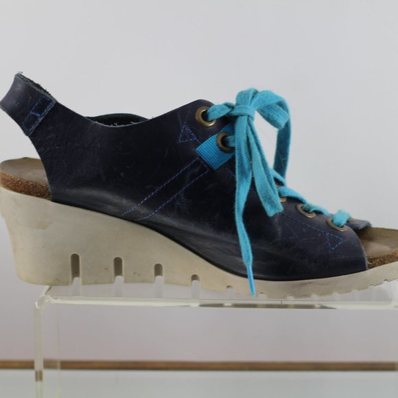 Vintage Fly Girl Blue Leather Peep Toe Wedges - Picture 6 of 15